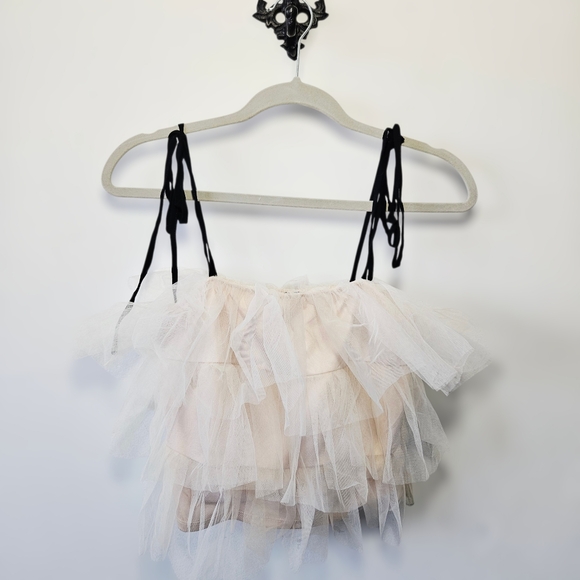 Anthropologie Sunday In Brooklyn Tulle Layered Crop Top Size XXS Tie Shoulders - Picture 2 of 4
